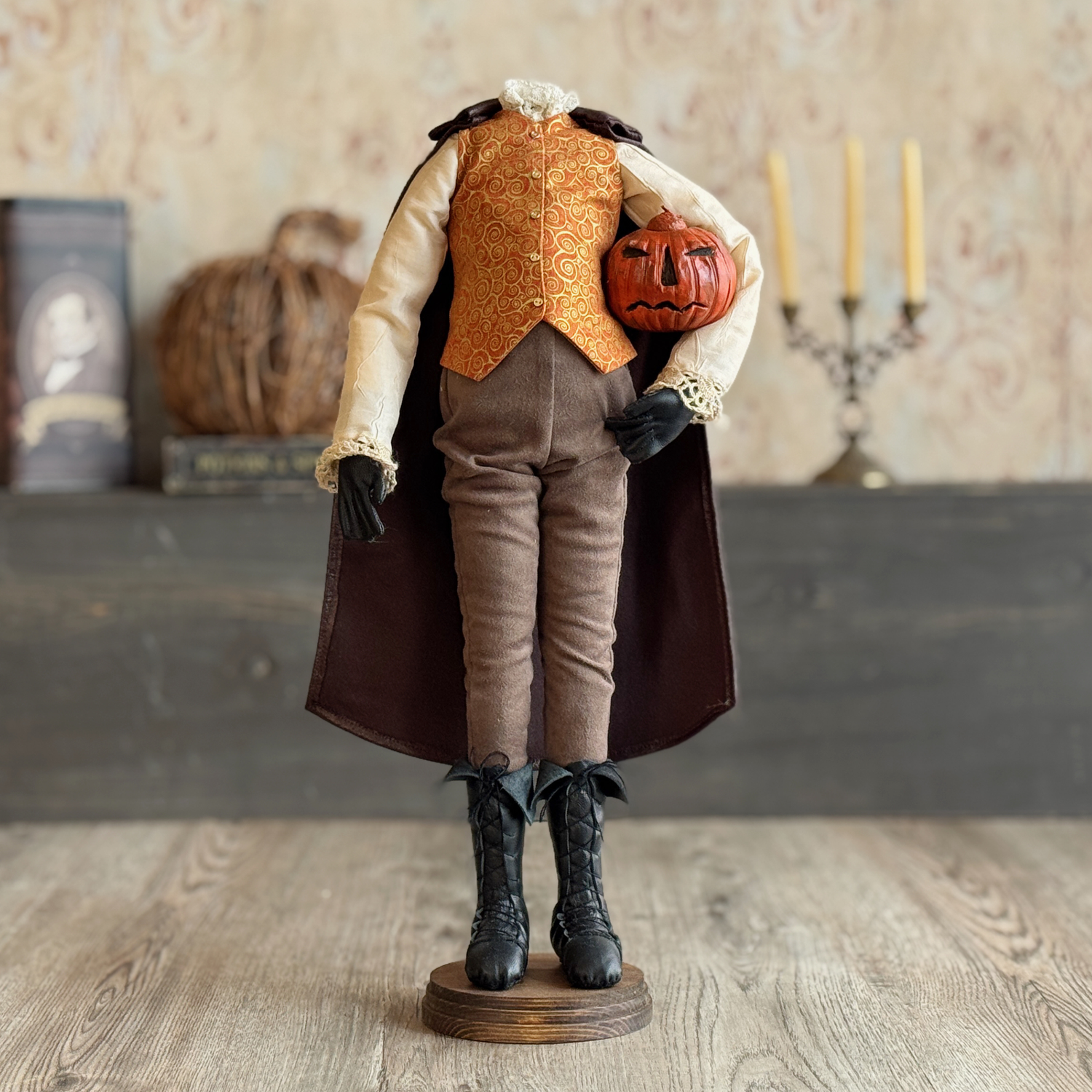 Handmade Headless Horseman Figure with Clay Pumpkin No.5