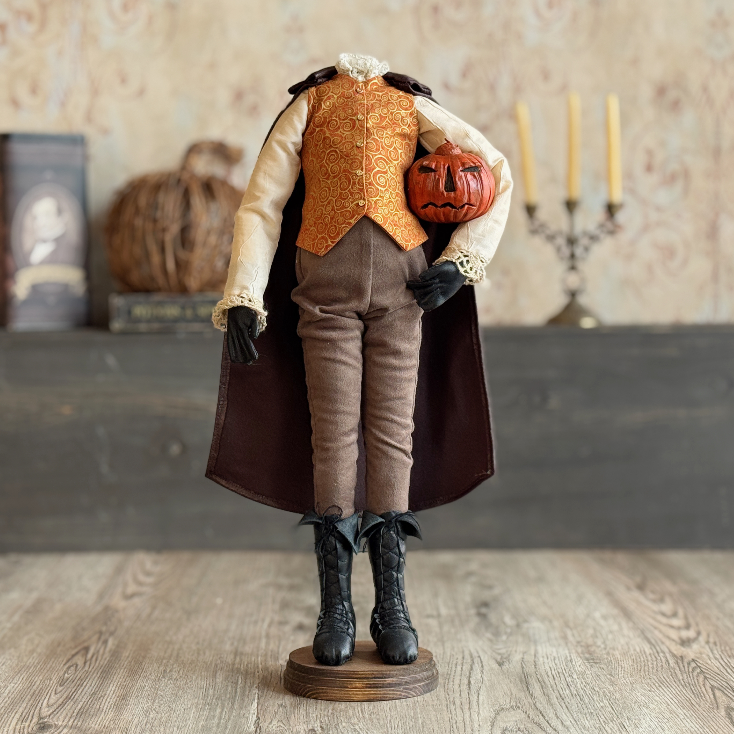 Handmade Headless Horseman Figure with Clay Pumpkin No.5