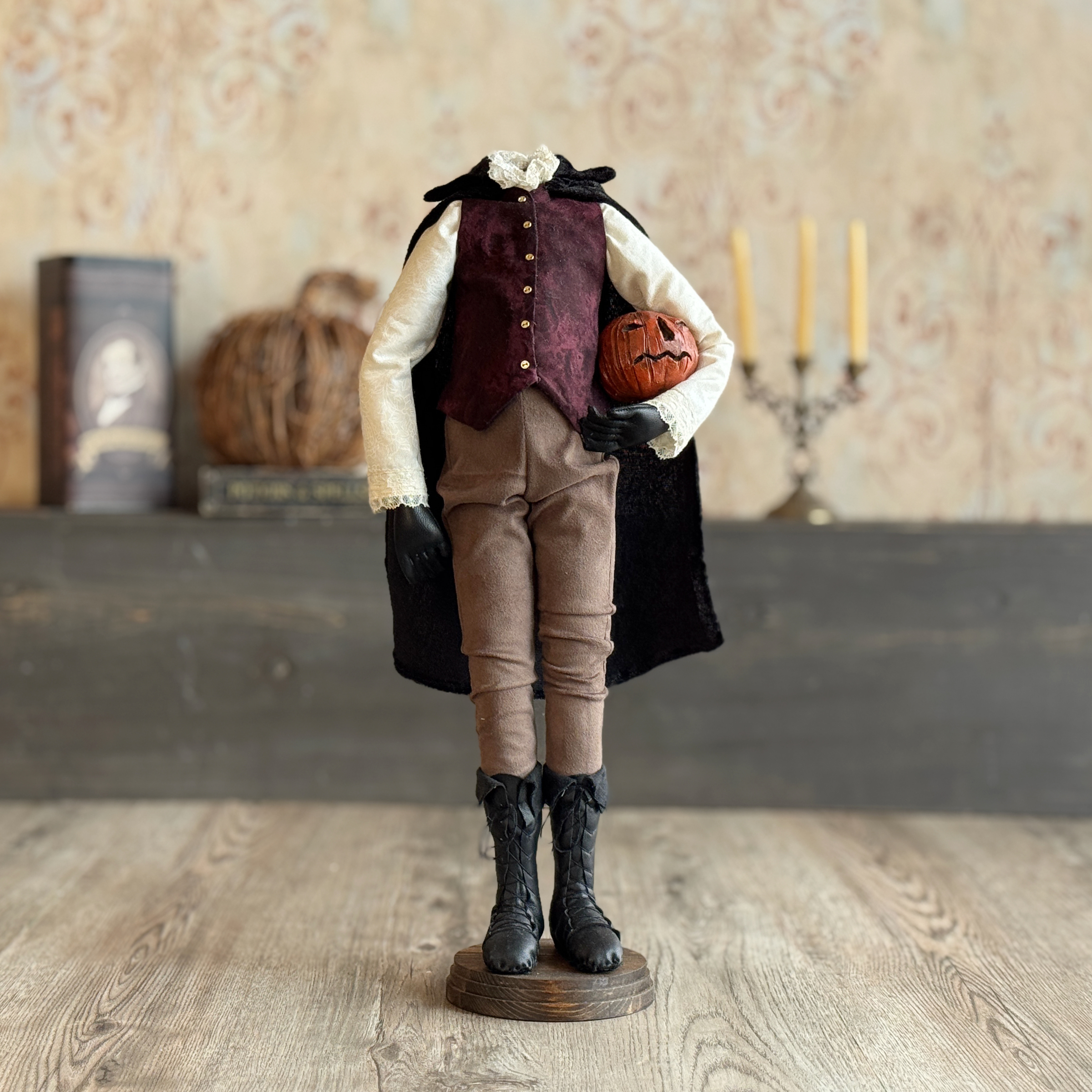 Handmade Headless Horseman Figure with Clay Pumpkin No.1