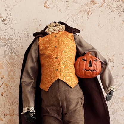 Handmade Headless Horseman Figure with Clay Pumpkin No.001