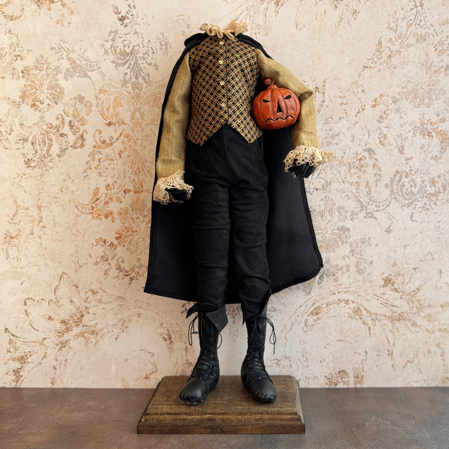 Handmade Headless Horseman Figure with Clay Pumpkin No. 005