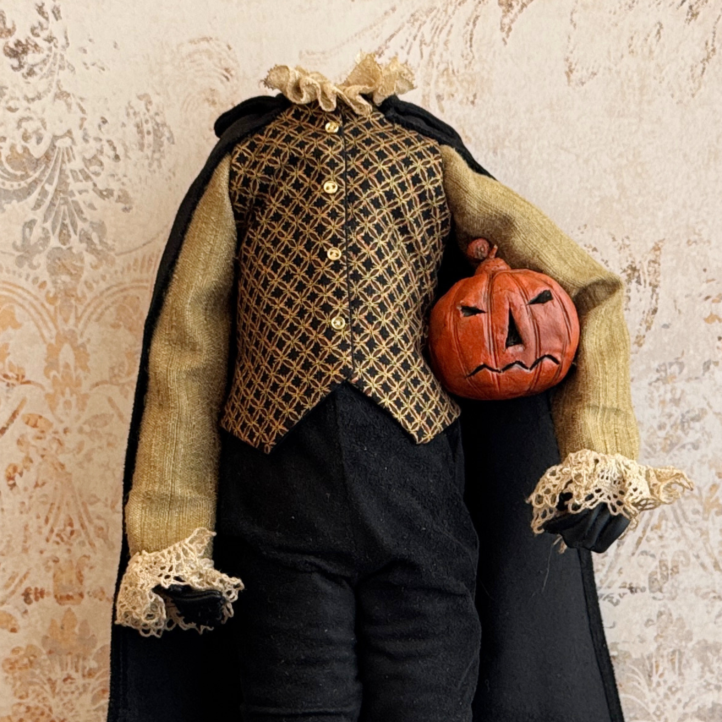 Handmade Headless Horseman Figure with Clay Pumpkin No. 005