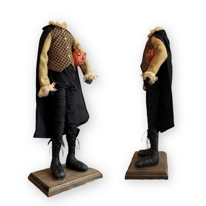 Handmade Headless Horseman Figure with Clay Pumpkin No. 005