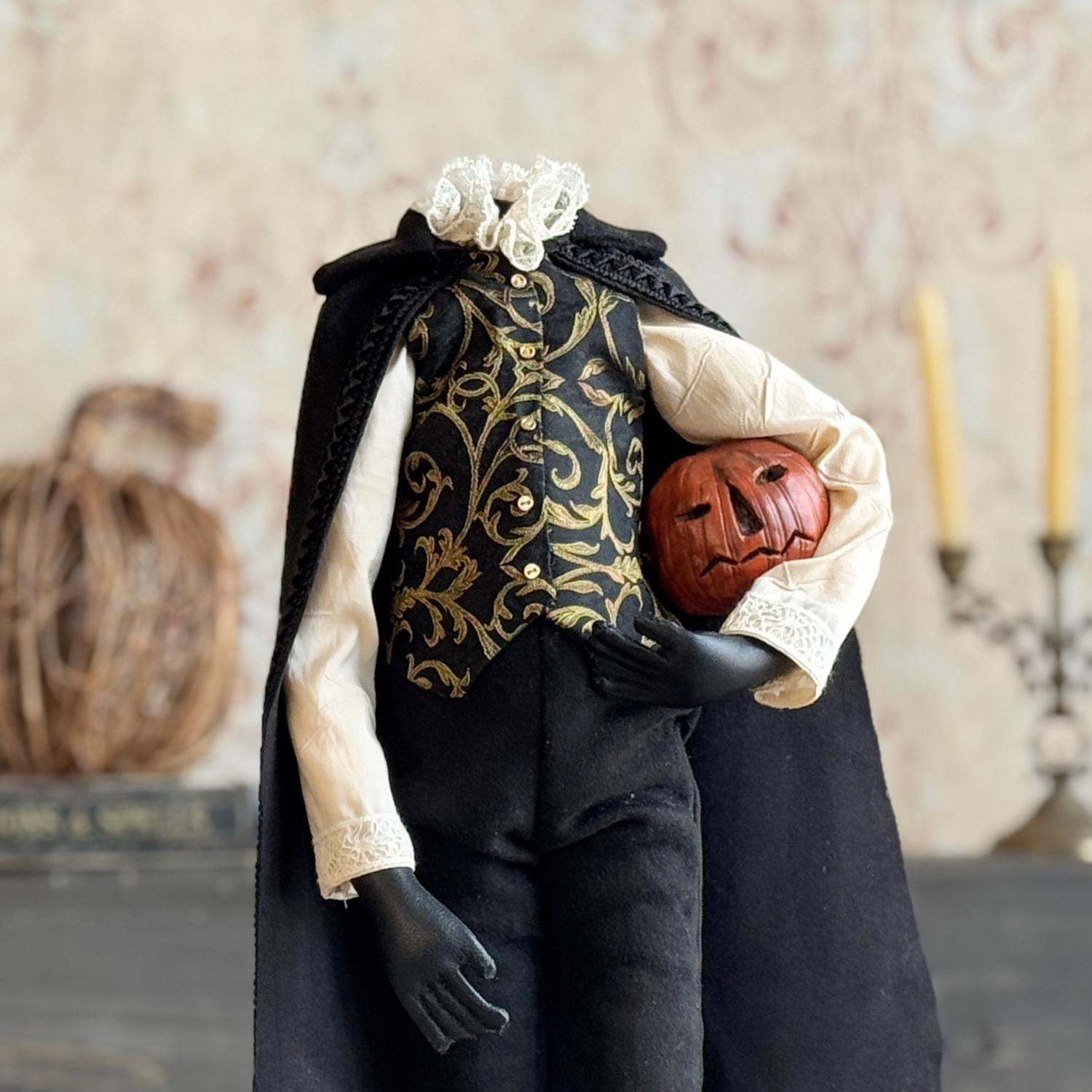 Handmade Headless Horseman Figure with Clay Pumpkin No.4
