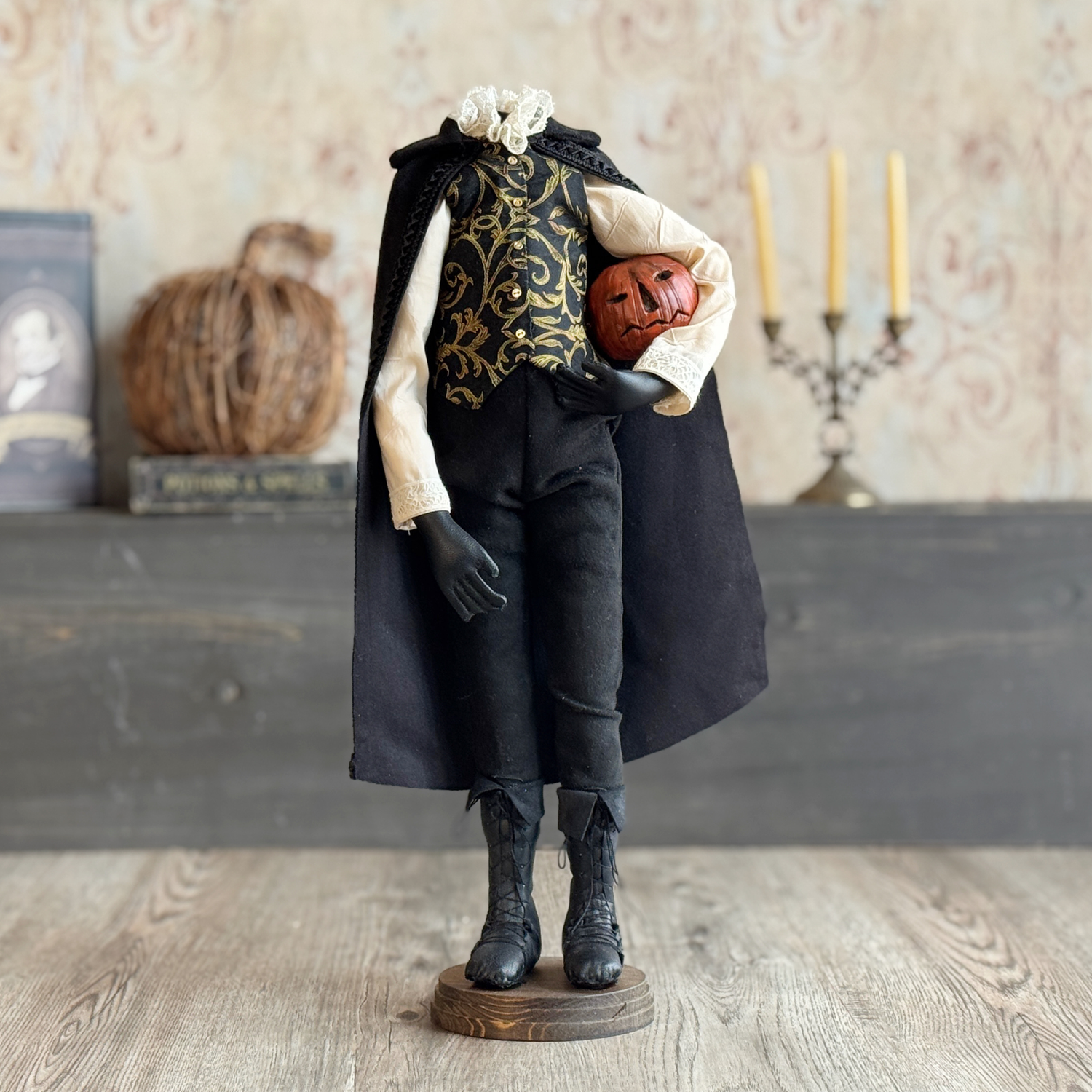 Handmade Headless Horseman Figure with Clay Pumpkin No.4