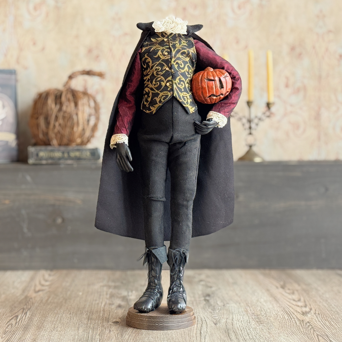 Handmade Headless Horseman Figure with Clay Pumpkin No.2
