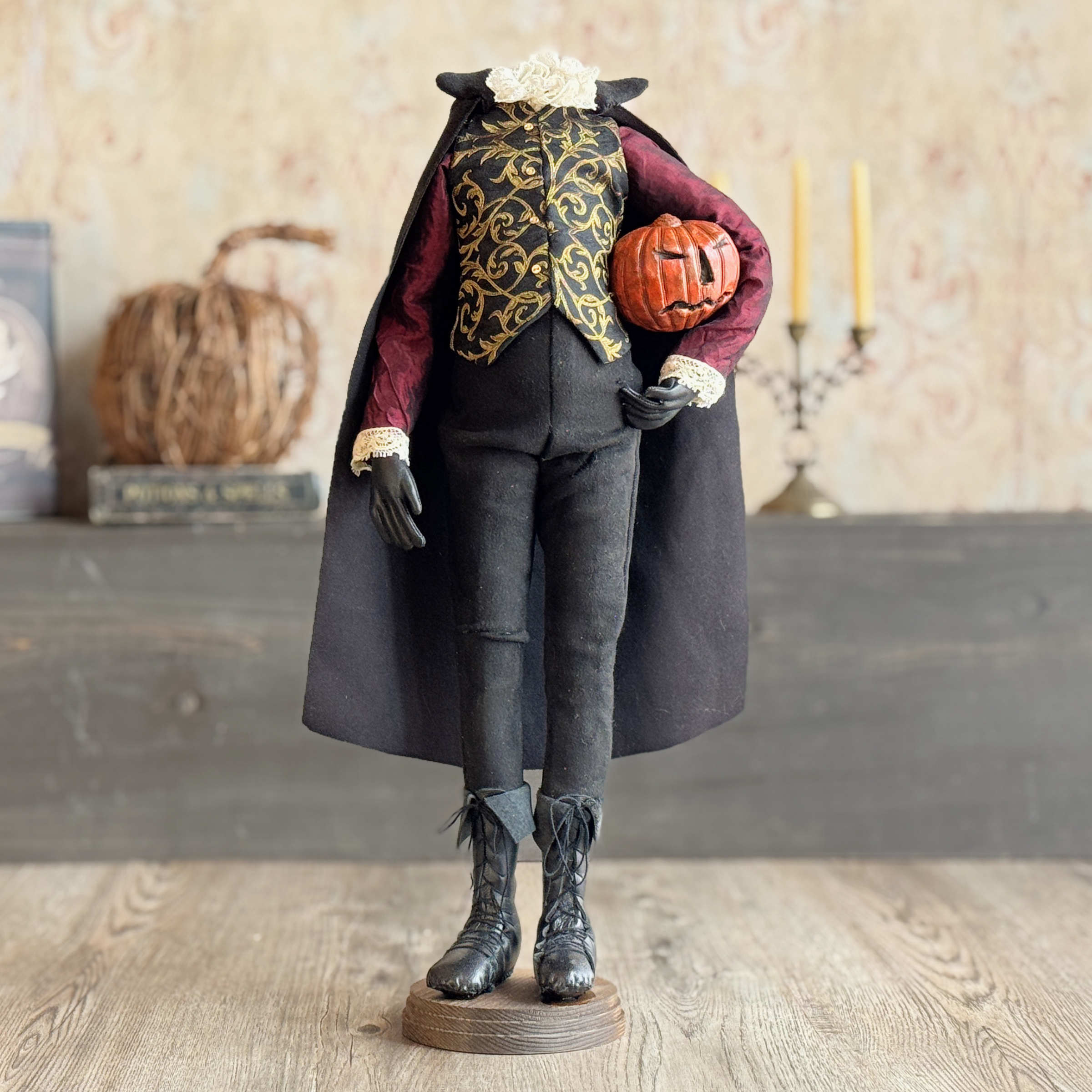 Handmade Headless Horseman Figure with Clay Pumpkin No.2