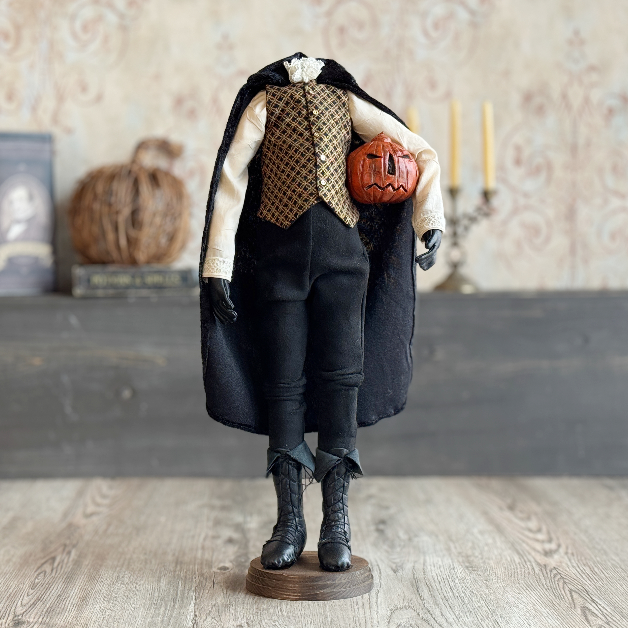 Handmade Headless Horseman Figure with Clay Pumpkin No.3