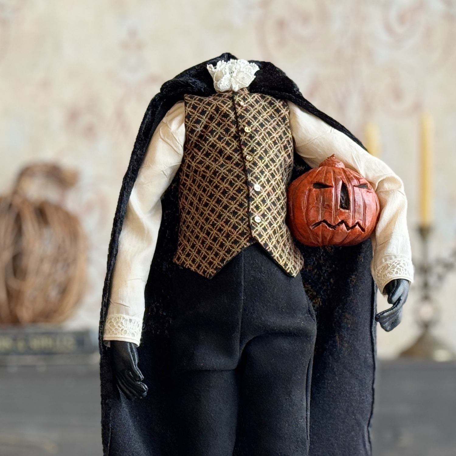 Handmade Headless Horseman Figure with Clay Pumpkin No.3