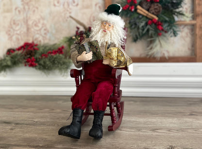 One of a Kind Handmade Santa Doll for Christmas Decor / Clay Head Santa Hand Carved / Father Christmas / Rocking Chair Santa and French Horn