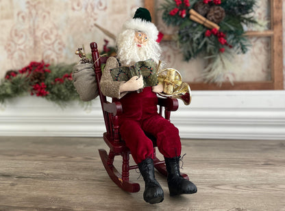 One of a Kind Handmade Santa Doll for Christmas Decor / Clay Head Santa Hand Carved / Father Christmas / Rocking Chair Santa and French Horn