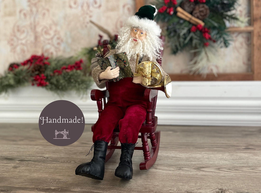 One of a Kind Handmade Santa Doll for Christmas Decor / Clay Head Santa Hand Carved / Father Christmas / Rocking Chair Santa and French Horn