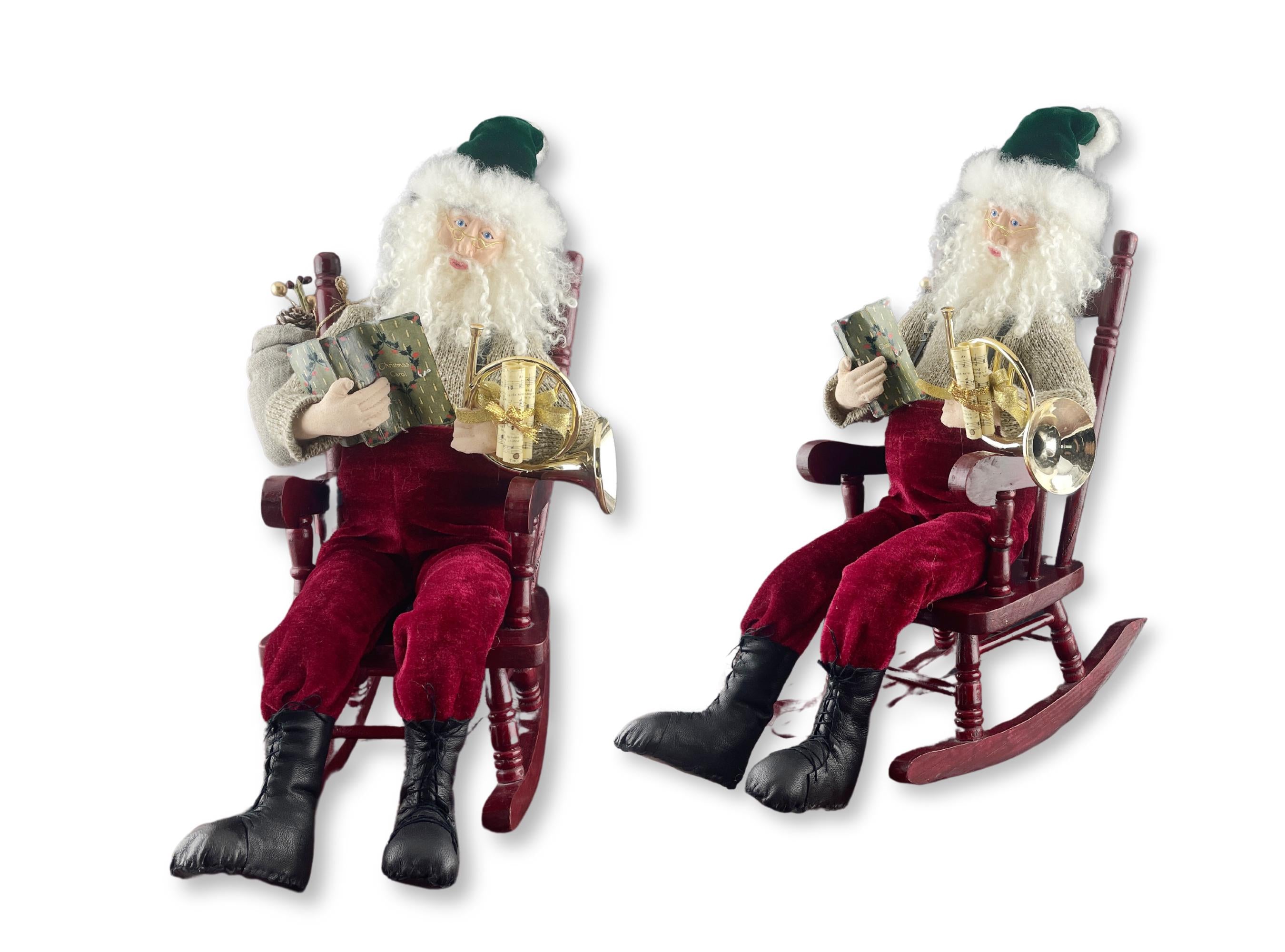 One of a Kind Handmade Santa Doll for Christmas Decor / Clay Head Santa Hand Carved / Father Christmas / Rocking Chair Santa and French Horn