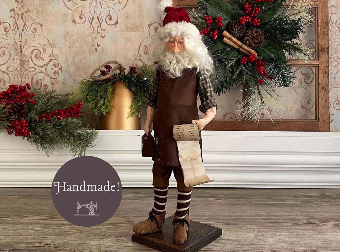 One of a Kind Handmade Santa Doll for Christmas Decor / Father Christmas / Workshop Santa with a Tool Box and Naughty or Nice List