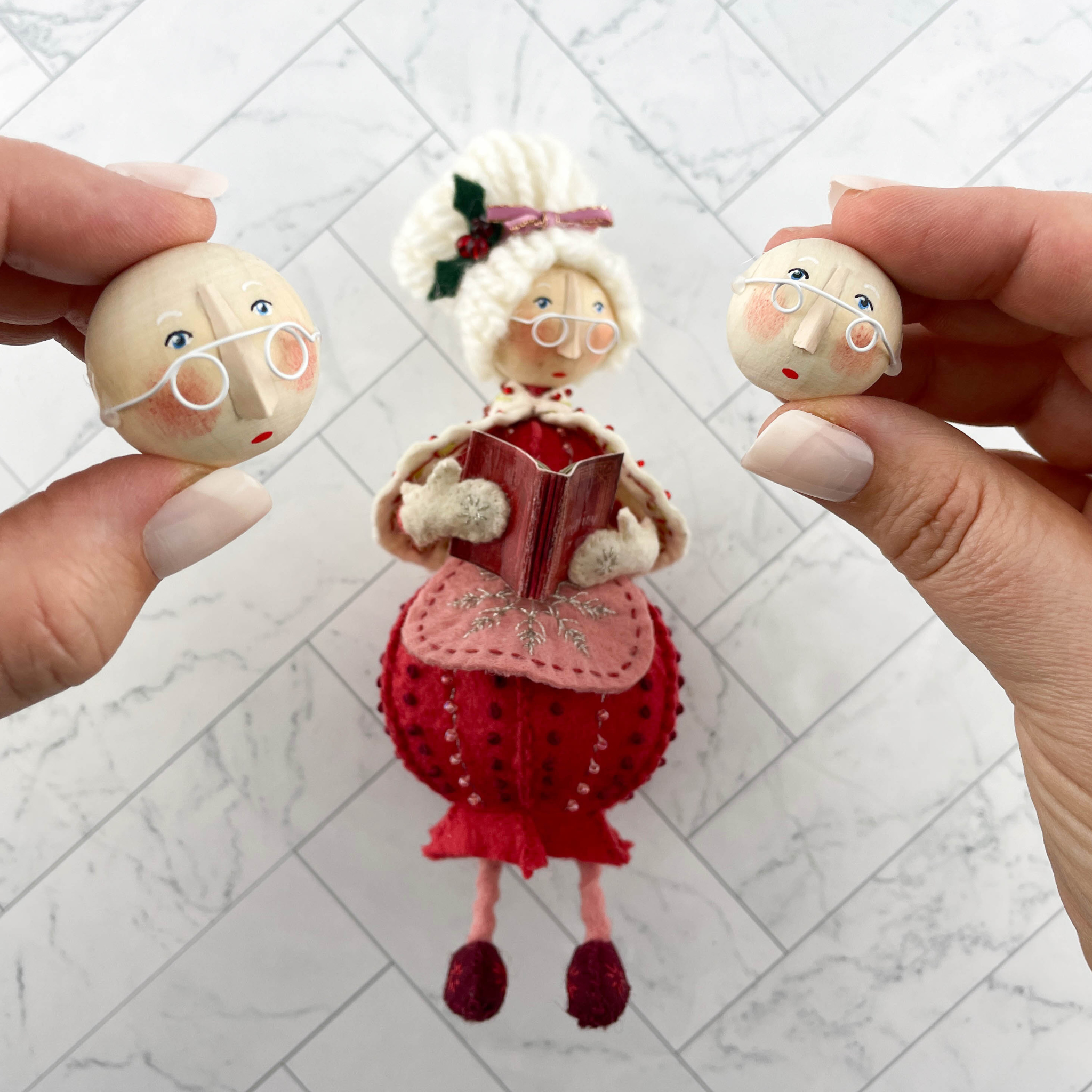 Whimsical Mrs. Claus Christmas Ornament Completed Head