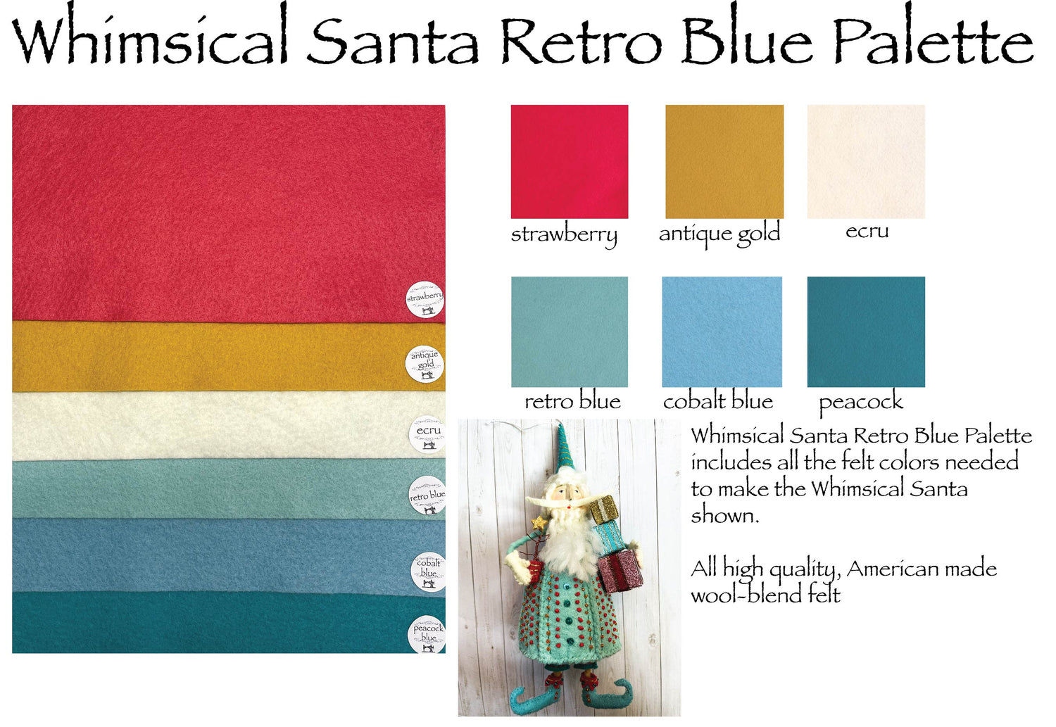 Whimsical Santa Retro Blue Palette Merino Wool Blend Felt Sheets
