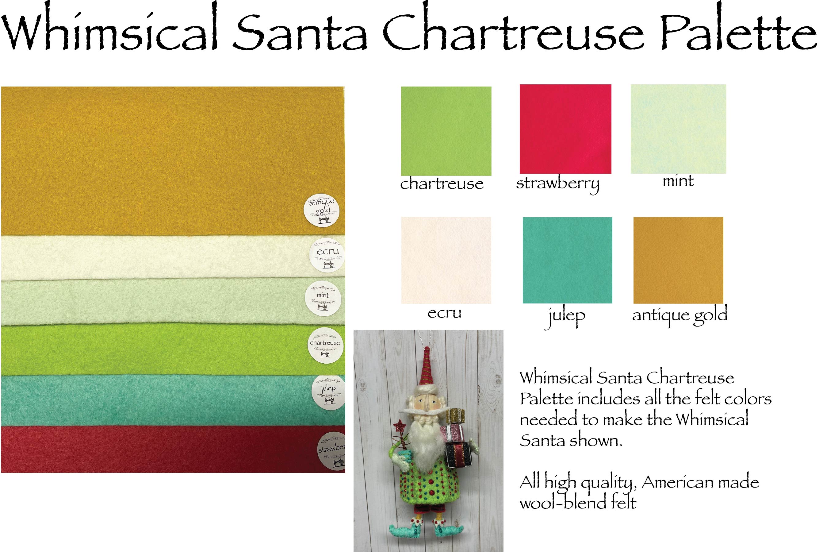 Whimsical Santa Chartreuse Palette Merino Wool Blend Felt Sheets
