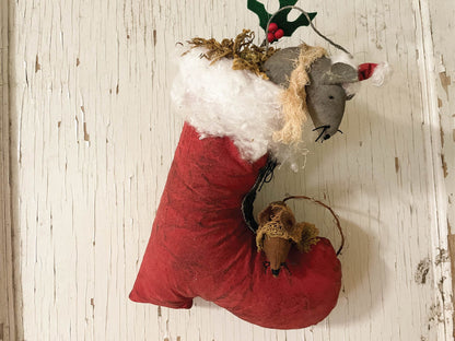 Handmade Santa Boot Wall or Door Hanger / Hand sewn Mice Christmas Decor / Rustic Cottagecore Decoration