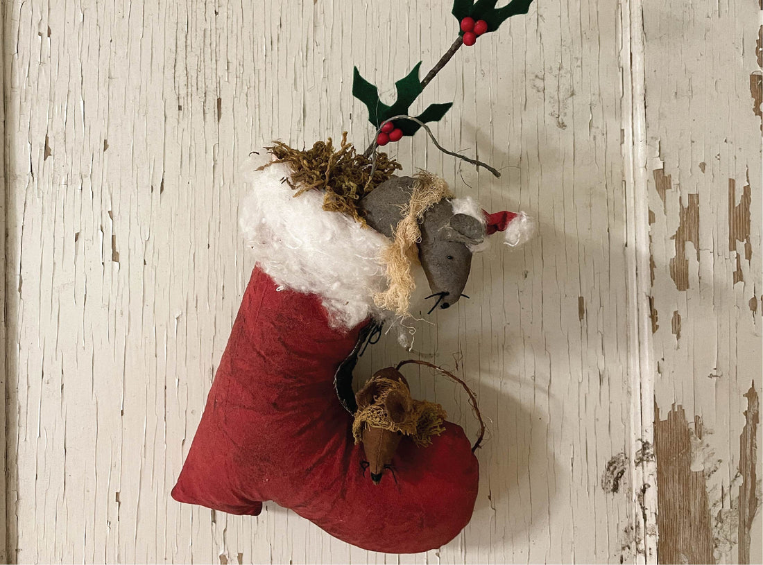 Handmade Santa Boot Wall or Door Hanger / Hand sewn Mice Christmas Decor / Rustic Cottagecore Decoration