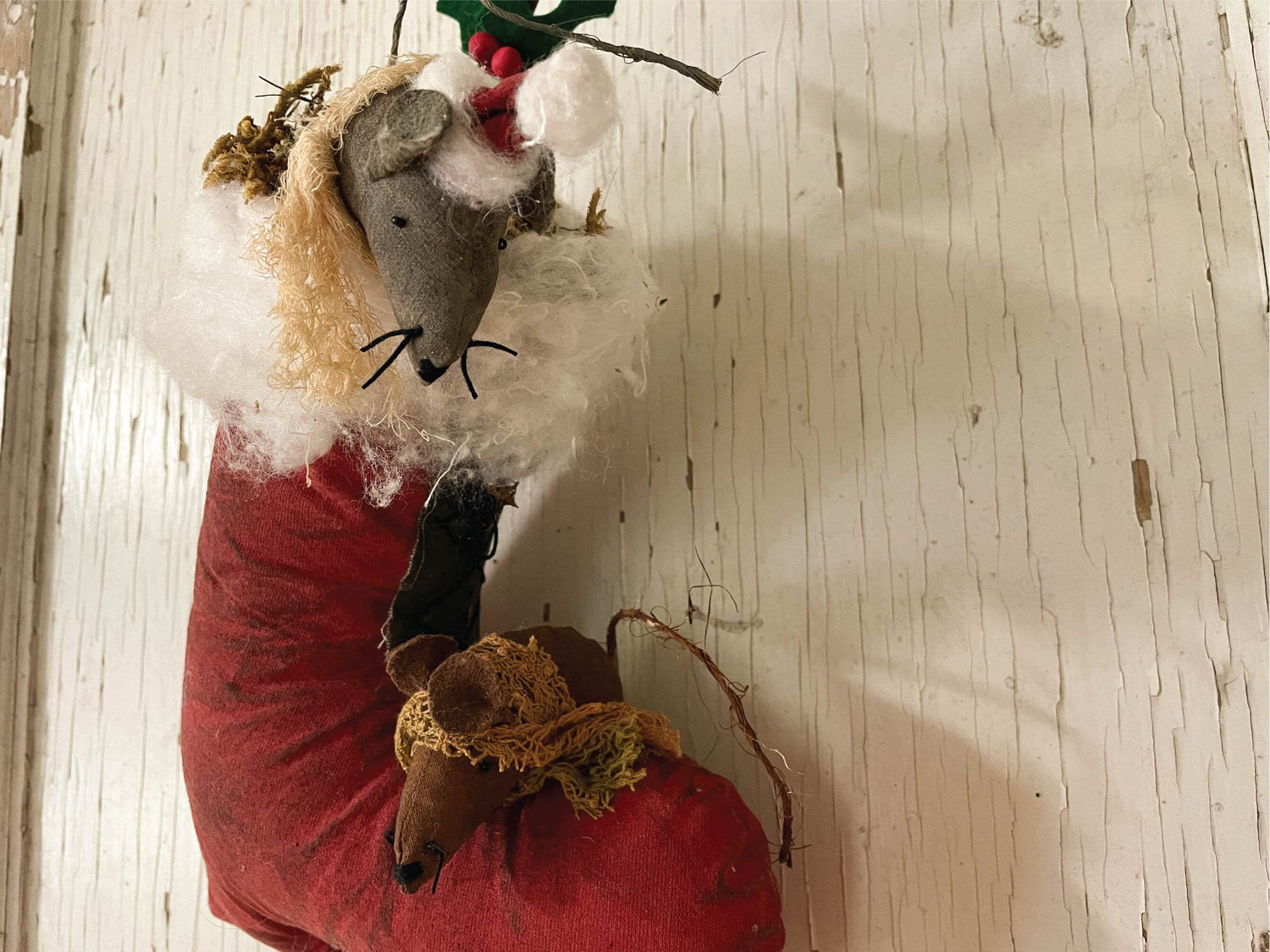Handmade Santa Boot Wall or Door Hanger / Hand sewn Mice Christmas Decor / Rustic Cottagecore Decoration