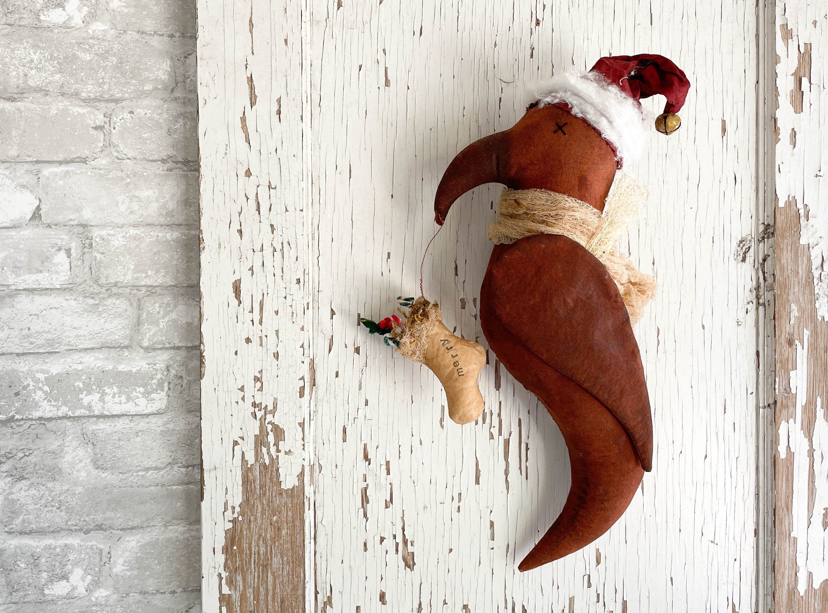 Hand Made Christmas Door Hanger / One of a Kind Santa Crow / Primitive Christmas Decor