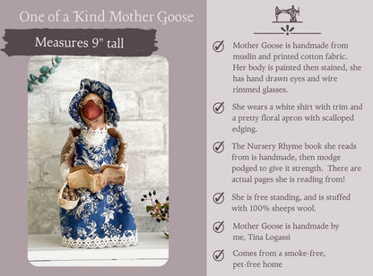 One of a Kind Nursery Decorative Doll / Handmade Mother Goose with Nursery Rhymes
