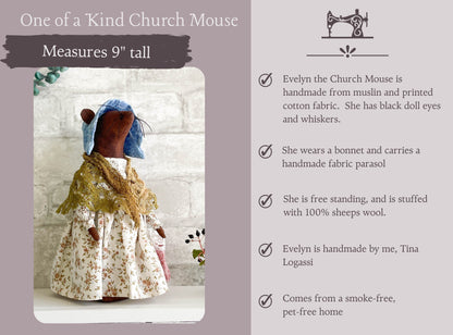 One of a Kind Nursery Decorative Doll / Handmade Church Mouse / Evelyn Goes to Church