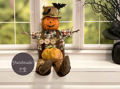 Halloween Cottagecore BASTIAN BOO Decorative Doll / Handmade Primitive Folk art Pumpkin Scarecrow / Cottage Rustic Decoration Autumn Fall
