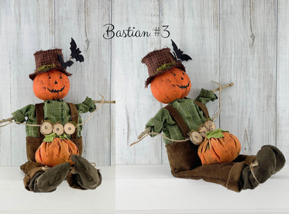 Halloween Cottagecore BASTIAN BOO Decorative Doll / Handmade Primitive Folk art Pumpkin Scarecrow / Cottage Rustic Decoration Autumn Fall