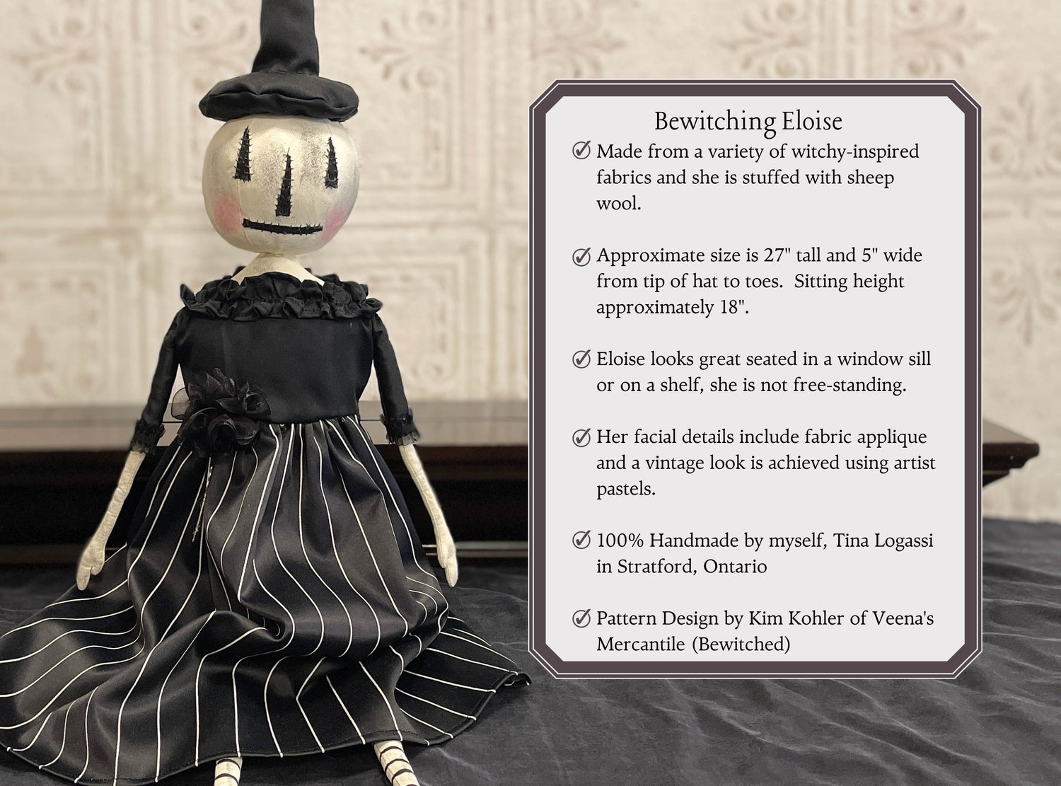 One of a Kind Handmade Halloween Ghost Pumpkin Doll Black Stripes