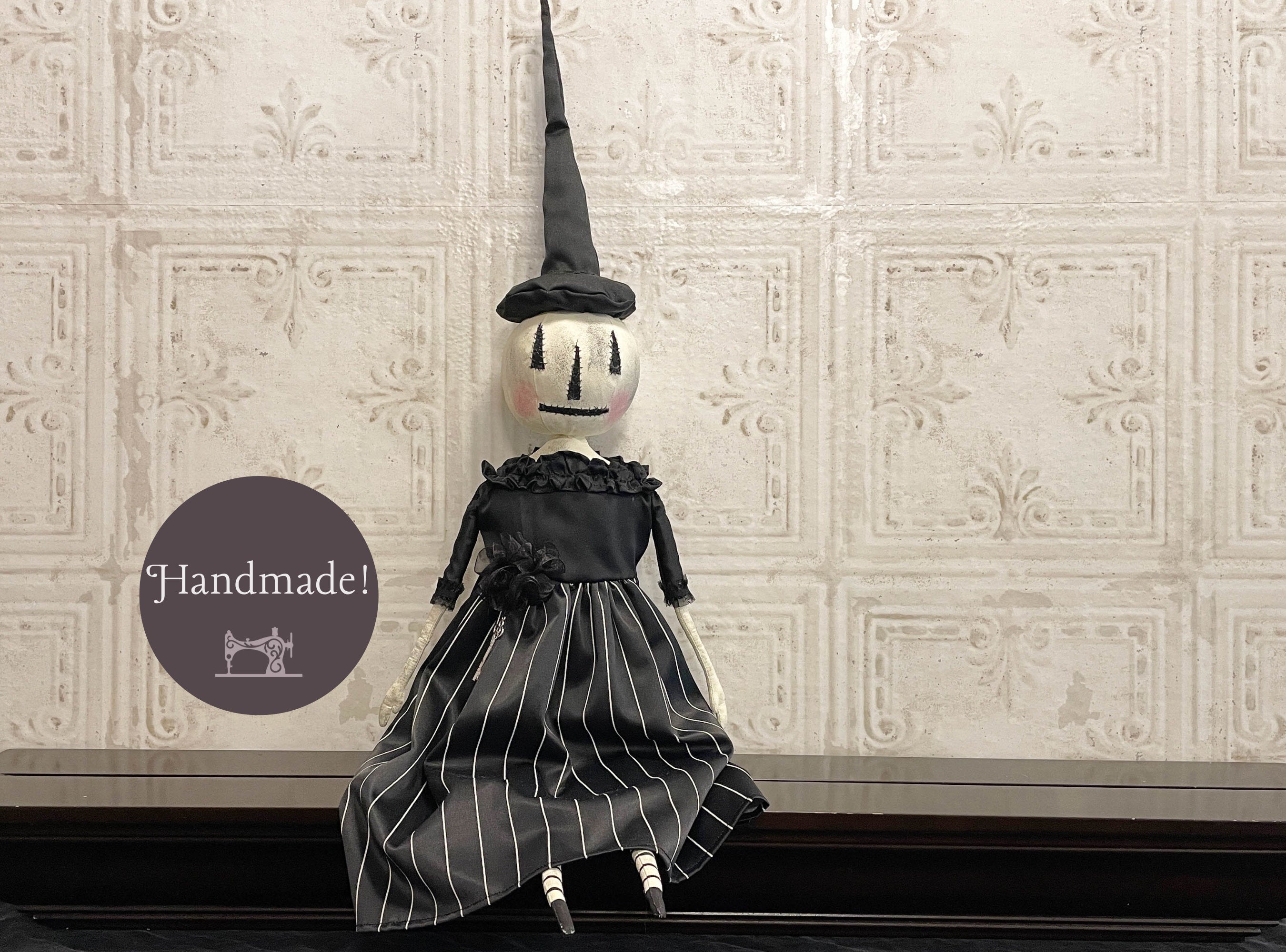 One of a Kind Handmade Halloween Ghost Pumpkin Doll Black Stripes